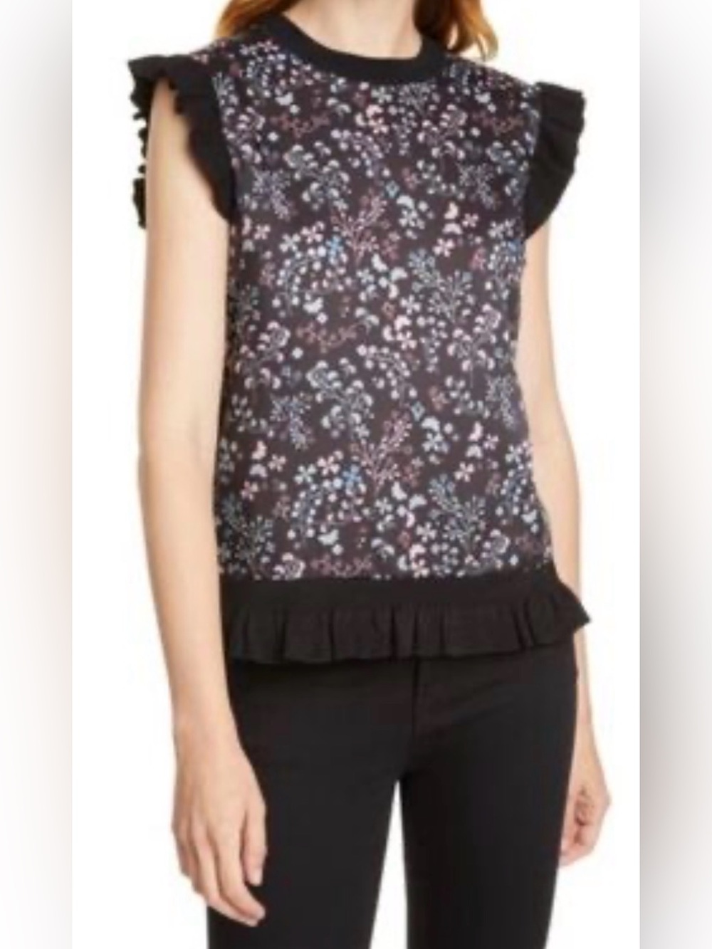 Ted Baker Black Floral Ruffle-Trim Tank Top